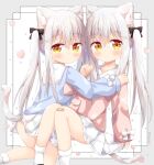 2girls absurdres animal_ear_fluff animal_ears bandaid bandaid_on_knee bangs black_bow blue_shirt blush bobby_socks bow brown_eyes brown_shirt cat_ears cat_girl cat_tail closed_mouth commentary_request eyebrows_visible_through_hair feet_out_of_frame grey_hair hair_between_eyes hair_bow hair_ornament hairclip hand_on_another&#039;s_shoulder heart highres kneeling knees_up long_hair long_sleeves looking_at_viewer multiple_girls nakkar original pleated_skirt puffy_long_sleeves puffy_sleeves sailor_collar school_uniform serafuku shirt sitting skirt sleeves_past_wrists socks tail twintails twitter_username very_long_hair white_bow white_legwear white_sailor_collar white_skirt x_hair_ornament 
