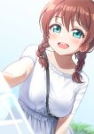  1girl :d bangs between_breasts blue_background blue_eyes blush braid breasts brown_hair deadnooodles dutch_angle emma_verde eyebrows_visible_through_hair grey_skirt hair_between_eyes hair_over_shoulder highres long_hair love_live! love_live!_school_idol_festival low_twintails open_mouth outstretched_arm shirt short_sleeves skirt small_breasts smile solo strap_between_breasts transparent twin_braids twintails white_shirt 