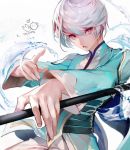  1boy character_request holding lower_teeth male_focus mikleo_(tales) open_mouth shycocoa solo stance tagme tales_of_(series) tales_of_vesperia upper_body violet_eyes water 