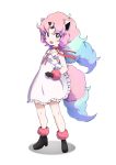  1girl 9-san absurdres animal_ears black_eyes black_footwear black_gloves blue_hair boots dress dress_lift full_body galarian_ponyta gloves highres horn horse_ears horse_tail long_hair multicolored_hair open_mouth personification pink_hair pokemon pokemon_(game) ponyta short_dress simple_background smile solo sundress tail two-tone_hair white_background white_dress 