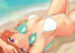  1girl absurdres aqua_hair artist_name beach bikini breasts eyebrows_visible_through_hair highres hololive hololive_english large_breasts leg_up legs looking_at_viewer lying multicolored_hair ocean orange_hair signature smile swimsuit takanashi_kiara tan violet_eyes white_bikini zeiss 