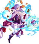  1girl alternate_costume bangs boots bow breasts buttons candy cape circlet detached_sleeves dress eyebrows_visible_through_hair fire_emblem fire_emblem:_path_of_radiance fire_emblem:_radiant_dawn fire_emblem_heroes food fuji_choko full_body gloves hair_ornament halloween_costume highres holding ilyana_(fire_emblem) jewelry knee_boots long_hair long_sleeves looking_away medium_breasts official_art open_mouth pantyhose purple_footwear purple_gloves purple_hair shiny shiny_hair short_dress skirt solo tied_hair transparent_background violet_eyes white_legwear 