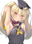  1girl :3 absurdres anchor_print arm_up armpits azur_lane bache_(azur_lane) bare_arms bare_shoulders black_headwear black_sailor_collar black_shirt blonde_hair blush breasts closed_mouth collar hat highres huge_filesize long_hair looking_at_viewer neckerchief sailor_collar sailor_hat sailor_shirt shirt simple_background sleeveless sleeveless_shirt small_breasts smile solo sparkle two_side_up upper_body violet_eyes white_background zengi 