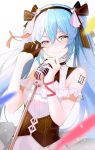  1girl asymmetrical_gloves black_bow black_gloves black_hairband blue_eyes blue_hair bow closed_mouth floating_hair gloves hair_between_eyes hair_bow hairband half_gloves hatsune_miku holding_microphone_stand long_hair looking_at_viewer luobo_(nsnr8754) pink_ribbon ribbon shiny shiny_hair shirt single_glove sleeveless sleeveless_shirt smile solo standing striped striped_bow tears upper_body very_long_hair vocaloid white_shirt wrist_ribbon 