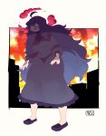  1girl al_bhed_eyes breasts chichibu_(chichichibu) cityscape dress giantess gigantamax hair_between_eyes hex_maniac_(pokemon) hunched_over large_breasts long_dress long_hair messy_hair open_mouth pokemon pokemon_(game) pokemon_swsh puffy_sleeves purple_hair ribbed_sweater shoes signature smile sweater 