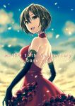  2016 :d asami_(undoundo) backless_dress backless_outfit black_gloves blurry blurry_background breasts brown_eyes brown_hair character_name dated dress elbow_gloves from_side gloves hair_between_eyes highres looking_at_viewer medium_breasts meiko open_mouth red_dress short_hair sideboob sleeveless sleeveless_dress smile vocaloid 