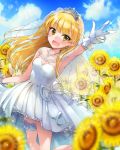  1girl armpits bangs blonde_hair blue_sky blurry_foreground clouds collarbone day dress earrings eyebrows_visible_through_hair floating_hair flower gloves green_eyes highres idolmaster idolmaster_cinderella_girls jewelry jougasaki_rika leg_up long_hair looking_at_viewer necklace outdoors outstretched_arm shiny shiny_hair short_dress sky sleeveless sleeveless_dress solo sparkle standing strapless strapless_dress sukisukiharami sunflower thigh_strap v very_long_hair wedding_dress white_dress white_gloves yellow_flower 