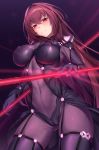 1girl bangs blush bodysuit breasts covered_navel eyebrows_visible_through_hair fate/grand_order fate_(series) gae_bolg hair_between_eyes highres holding large_breasts long_hair looking_at_viewer lun7732 pauldrons polearm purple_bodysuit purple_hair red_eyes scathach_(fate)_(all) scathach_(fate/grand_order) smile solo spear very_long_hair weapon 