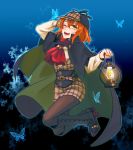  1girl ;d black_background black_footwear black_legwear blue_background boots brown_hair brown_shorts bug butterfly cosplay dress_shirt fate/grand_order fate_(series) fujimaru_ritsuka_(female) full_body hand_in_hair holding_lantern insect knee_boots lantern legs_up legwear_under_shorts looking_at_viewer medium_hair one_eye_closed open_mouth pantyhose plaid plaid_shorts red_neckwear redrabbit44 sherlock_holmes sherlock_holmes_(cosplay) shirt short_shorts shorts smile solo white_shirt yellow_eyes 