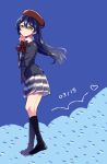  1girl bangs beret blazer blue_background blue_hair dated from_side full_body hair_between_eyes hand_on_own_chin hat heart jacket long_hair looking_at_viewer love_live! love_live!_school_idol_project okanoyuno pleated_skirt school_uniform simple_background skirt solo sonoda_umi standing yellow_eyes 