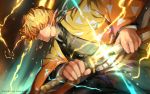  1boy agatsuma_zenitsu artist_name blonde_hair closed_eyes drawrepulser electricity highres holding holding_sheath holding_sword holding_weapon katana kimetsu_no_yaiba male_focus parted_lips sheath solo sword unsheathing weapon 