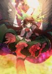  1girl absurdres arms_up breasts brown_hair feathers frills from_below green_ribbon hair_ribbon highres large_breasts long_hair looking_at_viewer otoshiro_kosame red_eyes reiuji_utsuho ribbon solo thigh-highs thighs touhou wings 
