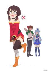  1boy 2girls absurdres aqua_(konosuba) artist_name asymmetrical_legwear bandaged_leg bandages bare_shoulders black_hair black_legwear blue_eyes blue_hair blue_skirt boots breasts brown_hair choker dress fingerless_gloves full_body gloves hair_ornament hair_rings highres kono_subarashii_sekai_ni_shukufuku_wo! long_hair looking_at_another megumin multiple_girls once_11h red_dress satou_kazuma short_hair_with_long_locks skirt small_breasts standing standing_on_one_leg thigh-highs thigh_boots thighhighs_under_boots very_long_hair white_legwear 