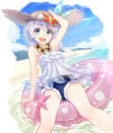  1girl beach blue_eyes blush bow commentary_request day denim denim_shorts flower flower_necklace green_ribbon hand_on_headwear hat hat_ribbon honkai_(series) honkai_impact_3rd innertube jewelry long_hair m-ya necklace open_mouth outdoors pink_bow polka_dot ponytail ribbon see-through shorts silver_hair sitting smile solo starfish straw_hat sunflower theresa_apocalypse waves 