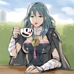  1girl bendy_straw breasts byleth_(fire_emblem) byleth_eisner_(female) cape cup cuphead cuphead_(game) drinking drinking_straw eyebrows female_my_unit_(fire_emblem:_three_houses) fire_emblem fire_emblem:_three_houses grey_eyes grey_hair holding holding_cup intelligent_systems long_hair medium_breasts my_unit_(fire_emblem:_three_houses) nintendo sitting sketch smug solo sora_(company) studiomdhr stup-jam super_smash_bros. what 