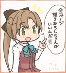  1girl akigumo_(kantai_collection) artist_name brown_hair commentary_request cowboy_shot curse_(023) dated dress green_eyes hair_ribbon index_finger_raised kantai_collection long_hair long_sleeves pleated_dress ponytail purple_dress ribbon school_uniform shirt solo translation_request white_background white_shirt 