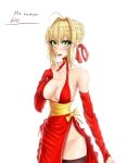  1girl blonde_hair blush bow braid collar fate/grand_order fate_(series) green_eyes hand_on_own_chest large_breasts long_fingernails mr.courage616 nero_claudius_(fate) nero_claudius_(fate)_(all) open_mouth red_bow red_dress red_neckwear red_ribbon red_skirt simple_background thigh-highs thighs white_background 