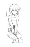  1girl breasts character_request commentary_request denim highres jeans kotoyama looking_at_viewer monochrome pants short_hair simple_background solo white_background 