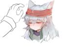  1girl :3 animal_ear_fluff animal_ears bangs cat_ears closed_eyes closed_mouth commentary_request cropped_torso dokomon eyebrows_visible_through_hair g11_(girls_frontline) girls_frontline green_jacket grey_hair hair_between_eyes jacket kemonomimi_mode korean_commentary long_hair out_of_frame simple_background solo_focus upper_body white_background 
