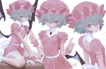  1girl 3girls blue_hair dress expressionless fkey hat mob_cap multiple_girls pink_dress pink_headwear red_eyes remilia_scarlet short_dress short_sleeves slit_pupils touhou 