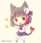  1girl :d animal_ear_fluff animal_ears azur_lane bangs beige_background bell black_sailor_collar black_skirt blunt_bangs blush bow brown_footwear brown_hair cat_ears cat_girl cat_mask cat_tail chibi commentary_request eyebrows_visible_through_hair fang full_body hair_bow hair_ribbon hands_up jingle_bell kouu_hiyoyo looking_at_viewer mask mask_on_head midriff navel open_mouth paw_background paw_pose pleated_skirt red_bow red_eyes red_ribbon ribbon sailor_collar school_uniform serafuku shirt shoes short_eyebrows short_sleeves skirt smile solo standing tail tail_bell tail_bow thick_eyebrows thigh-highs twitter_username white_legwear white_shirt yamashiro_(azur_lane) 