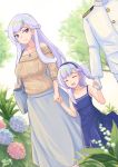  1boy 2girls :d ^_^ ^o^ absurdres alternate_costume azur_lane bag bare_shoulders belchan_(azur_lane) belfast_(azur_lane) blue_dress blurry braid casual closed_eyes collarbone commander_(azur_lane) commentary_request contemporary depth_of_field dress family flower gloves grey_eyes hairband handbag highres hydrangea jewelry long_hair meatbun_33 military military_uniform multiple_girls naval_uniform necklace off-shoulder_sweater off_shoulder one_side_up open_mouth out_of_frame silver_hair size_difference smile sweater uniform white_gloves 