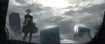  0141moonjelly 1girl back black_dress black_gloves building clouds cloudy_sky dress feather-trimmed_sleeves gloves light_rays nier_(series) nier_automata ocean outdoors short_hair sky solo standing turtleneck white_hair yorha_no._2_type_b 