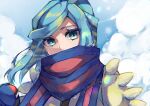  1boy aqua_eyes aqua_hair blue_mittens blue_scarf blurry commentary_request day grusha_(pokemon) holding holding_poke_ball jacket kaipaneverybody long_hair looking_at_viewer male_focus outdoors poke_ball poke_ball_(basic) pokemon pokemon_(game) pokemon_sv scarf solo striped striped_scarf upper_body yellow_jacket 