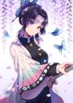  1girl bangs black_hair breasts bug butterfly butterfly_hair_ornament commentary_request hair_ornament haori highres insect japanese_clothes katana kimetsu_no_yaiba kochou_shinobu long_sleeves looking_at_viewer multicolored_hair nabekokoa parted_bangs purple_hair short_hair smile solo sword violet_eyes weapon 