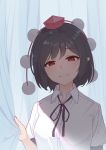  1girl arm_up black_hair black_neckwear blush breasts curtain_grab curtains eyebrows_visible_through_hair hat head_tilt highres kanpa_(campagne_9) looking_at_viewer neck_ribbon pointy_ears pom_pom_(clothes) puffy_short_sleeves puffy_sleeves red_eyes red_headwear ribbon shameimaru_aya shirt short_hair short_sleeves small_breasts smile solo tokin_hat touhou upper_body white_shirt 
