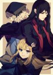  1boy 2girls absurdres bangs black_cloak black_hair blonde_hair blue_eyes cloak commentary_request eyebrows_visible_through_hair fate_(series) flower fur_trim gloves gray_(lord_el-melloi_ii) green_eyes grey_hair hat highres long_hair long_sleeves looking_at_viewer lord_el-melloi_ii lord_el-melloi_ii_case_files multiple_girls red_scarf reines_el-melloi_archisorte scarf smile watermark waver_velvet web_address yanagiba_kiriko 