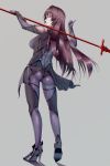  1girl ass back bangs bodysuit breasts eenui334 fate/grand_order fate_(series) full_body gae_bolg grey_background high_heels highres large_breasts legs long_hair looking_at_viewer looking_back over_shoulder pauldrons polearm purple_bodysuit purple_hair red_eyes scathach_(fate)_(all) scathach_(fate/grand_order) simple_background smile spear thumbs_up weapon weapon_over_shoulder 