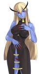  1girl black_dress blonde_hair blue_skin breasts commentary_request covered_nipples demon_girl dress fingernails front_slit genderswap genderswap_(mtf) head_tilt highres impossible_clothes impossible_dress jedah_dohma large_breasts lipstick long_eyebrows long_fingernails long_hair lowleg lowleg_panties makeup midnight_bliss panties pointy_ears red_eyes red_nails red_panties sharp_fingernails sidelocks sleeveless sleeveless_dress slit_pupils solo tetsu_(kimuchi) thick_eyebrows underwear vampire_(game) very_long_hair 