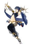  1girl :d absurdres black_legwear blue_eyes blue_hair bracelet breasts bridal_gauntlets detached_sleeves fire_emblem fire_emblem_awakening floating_hair full_body hair_between_eyes hairband highres jewelry leg_up leg_warmers long_hair long_sleeves looking_at_viewer lucina lucina_(fire_emblem) midriff nail_polish navel open_mouth panties pink_nails see-through simple_background small_breasts smile solo stomach thefarelo underwear white_background yellow_hairband 