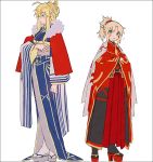  2girls ahoge artoria_pendragon_(all) artoria_pendragon_(lancer) bangs black_legwear blonde_hair blue_kimono braid crossed_arms crown eyebrows_visible_through_hair fate/apocrypha fate/grand_order fate_(series) flying_sweatdrops green_eyes grey_footwear hair_between_eyes hakusai_(tiahszld) high_ponytail japanese_clothes kimono light_brown_hair long_hair long_sleeves looking_away mordred_(fate) mordred_(fate)_(all) multiple_girls parted_bangs platform_footwear platform_heels ponytail profile red_footwear red_kimono sidelocks simple_background standing white_background white_legwear wide_sleeves zouri 