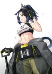  1girl arknights bare_shoulders bk201 black_gloves blue_hair blush breasts cat cat_tail commentary gloves green_eyes highres holding large_breasts navel open_mouth short_hair simple_background solo tail two-tone_gloves white_background yellow_gloves 