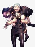  1boy 1girl bernadetta_von_varley bike_shorts blue_eyes blue_hair boots carrying caspar_von_bergliez fire_emblem fire_emblem:_three_houses garreg_mach_monastery_uniform highres hood knee_boots long_sleeves moyashi_mou2 open_mouth pants purple_hair short_hair short_sleeves simple_background tearing_up uniform white_background 