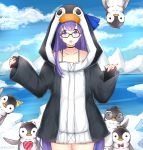  1girl animal animal_hood bird black-framed_eyewear black_choker black_jacket blue_bow blue_sky bow choker clouds cloudy_sky collarbone cowboy_shot day fate/grand_order fate_(series) heart hood hood_up hooded_jacket horns ice iceberg jacket long_hair long_sleeves looking_at_viewer meltryllis meltryllis_(swimsuit_lancer)_(fate) open_mouth outdoors penguin penguin_hood pinching_sleeves purple_hair rocm_(nkkf3785) round_eyewear sky sleeves_past_wrists solo sunglasses very_long_hair violet_eyes water 