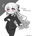  1girl :d bangs blush bow collared_shirt eyebrows_visible_through_hair fate/extra fate_(series) flying_sweatdrops formal grey_background hair_between_eyes hair_bow highres long_hair long_sleeves looking_at_viewer monochrome necktie nervous_smile nose_blush nursery_rhyme_(fate/extra) open_mouth pant_suit pants pink_eyes shirt smile solo spot_color striped striped_bow suit translation_request twitter_username two-tone_background very_long_hair white_background yuya090602 