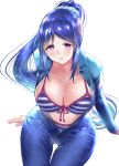  1girl arm_support bikini blue_hair blush breasts commentary_request eyebrows_visible_through_hair front-tie_bikini front-tie_top gorua_(youce01) highres large_breasts long_hair looking_at_viewer love_live! love_live!_sunshine!! matsuura_kanan open_mouth ponytail revision simple_background sitting solo striped striped_bikini swimsuit very_long_hair violet_eyes wetsuit white_background 