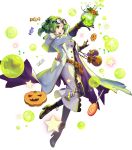  1girl bangs black_footwear black_legwear boots breasts buttons candy coat earrings eyewear_on_head fire_emblem fire_emblem:_the_sacred_stones fire_emblem_heroes food full_body glasses gloves green_eyes green_hair halloween_costume high_heel_boots high_heels highres holding jewelry konfuzikokon l&#039;arachel_(fire_emblem) labcoat long_hair looking_away medium_breasts official_art open_mouth shiny shiny_hair smile solo test_tube thigh-highs tied_hair transparent_background turtleneck 
