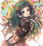  1girl alternate_costume arms_behind_back braid fire_emblem fire_emblem:_three_houses flower from_side fujimaru_(green_sparrow) garreg_mach_monastery_uniform green_eyes green_hair hair_ornament long_hair long_sleeves looking_to_the_side open_mouth pointy_ears solo sothis_(fire_emblem) twin_braids twitter_username uniform 