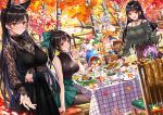  4girls :d ;d animal animal_ears apple arm_under_breasts atago_(azur_lane) autumn_leaves azur_lane bangs bare_shoulders belt belt_buckle birch black_belt black_camisole black_choker black_dress black_hair black_legwear blue_shorts blurry blurry_background blush bottle bow bowl breasts brown_eyes brown_shirt brown_skirt buckle casual chair choker choukai_(azur_lane) closed_mouth commentary_request cup day denim denim_shorts depth_of_field dog dress drink drinking_glass dutch_angle earrings extra_ears eyebrows_visible_through_hair fence flower food fringe_trim fruit fur-trimmed_jacket fur_trim green_bow green_shirt green_skirt hair_between_eyes hair_bow hair_flaps hair_ornament high_ponytail highres holding holding_plate jacket jewelry large_breasts long_hair long_sleeves looking_at_viewer maya_(azur_lane) medium_breasts mole mole_under_eye multiple_girls nose_blush off-shoulder_shirt off-shoulder_sweater off_shoulder on_chair one_eye_closed open_clothes open_jacket open_mouth orange_jacket outdoors pancake pantyhose pendant pink_flower pink_rose plaid plate pleated_skirt ponytail puffy_long_sleeves puffy_sleeves purple_flower ribbon rose see-through shirt short_hair short_shorts shorts silver_hair sitting skirt sleeveless sleeveless_shirt smile stack_of_pancakes standing sweater swept_bangs swordsouls table tablecloth takao_(azur_lane) tree turtleneck very_long_hair white_flower white_rose wine_glass 