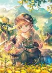  1boy black_gloves blue_butterfly brown_hair bug butterfly cage character_request clouds commentary_request day fingerless_gloves flower gloves granblue_fantasy green_eyes grin hat highres insect male_focus mountain outdoors pants scorpion5050 shirt short_hair sky smile solo standing tree 