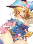  1girl absurdres bare_shoulders blonde_hair blush blush_stickers breasts dark_magician_girl gem green_eyes hat highres holding holding_wand jewelry large_breasts lying medium_hair shycocoa solo tongue tongue_out wand witch_hat yuu-gi-ou 