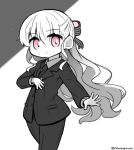  1girl bangs bow closed_mouth collared_shirt commentary_request eyebrows_visible_through_hair fate/extra fate_(series) formal grey_background hair_between_eyes hair_bow highres long_hair long_sleeves looking_at_viewer monochrome necktie nursery_rhyme_(fate/extra) pant_suit pants pink_eyes shirt solo spot_color striped striped_bow suit twitter_username two-tone_background very_long_hair white_background yuya090602 