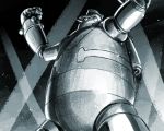  arms_up clenched_hands from_below greyscale highres ishiyumi looking_away mecha monochrome no_humans solo standing tetsujin_28 tetsujin_28-gou 