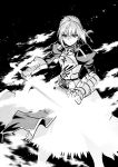  1girl absurdres ahoge armor artoria_pendragon_(all) black_background fate/stay_night fate_(series) gauntlets greyscale highres ishiyumi juliet_sleeves long_sleeves looking_at_viewer monochrome puffy_sleeves saber solo standing 
