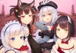  4girls :d absurdres akagi-chan_(azur_lane) animal_ears azur_lane band-width bare_shoulders bed belchan_(azur_lane) belfast_(azur_lane) bell black_hair black_legwear blue_eyes braid brown_hair commentary_request eyeshadow fox_ears fox_tail grin hair_ribbon hat hiei_(azur_lane) highres horns long_hair looking_at_viewer maid_headdress makeup multiple_girls multiple_tails off_shoulder one_side_up open_mouth pantyhose peaked_cap pleated_skirt red_eyes ribbon short_hair silver_hair simple_background single_braid skirt smile tail twintails yellow_eyes zeppelin-chan_(azur_lane) 