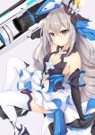  1girl armpits bangs bare_shoulders black_gloves breasts bronya_zaychik bronya_zaychik_(herrscher_of_reason) cannon chitosy closed_mouth drill_hair earrings elbow_gloves gloves grey_eyes grey_hair hair_between_eyes hair_ornament highres honkai_(series) honkai_impact_3rd jewelry kneehighs long_hair looking_at_viewer navel project_bunny sitting skirt small_breasts smile solo twin_drills white_footwear white_legwear white_skirt 